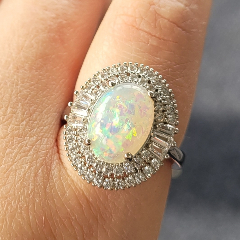 925 Sterling Silver Faux Opal Ring Size 10